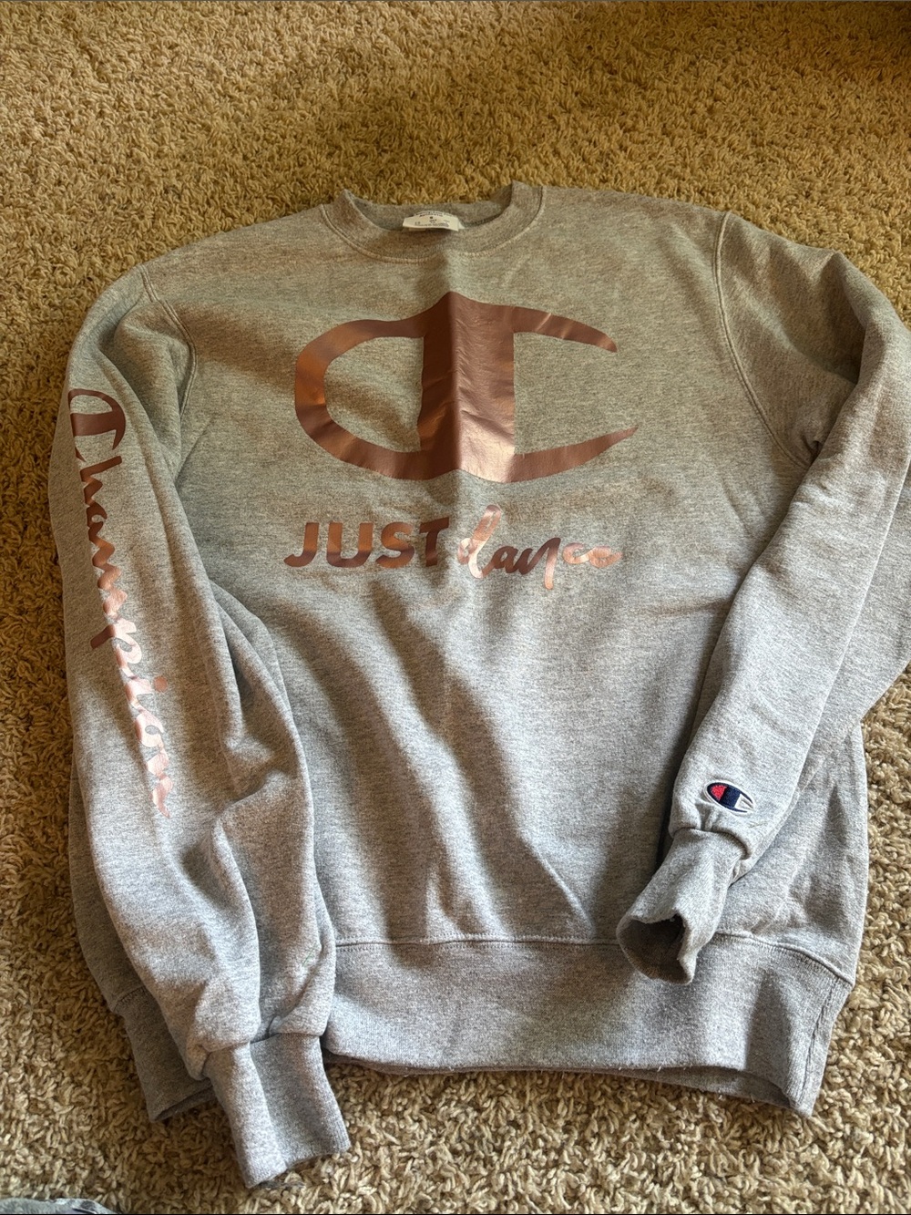 Champion Light Gray Crewneck with Rose Gold Dance Logo